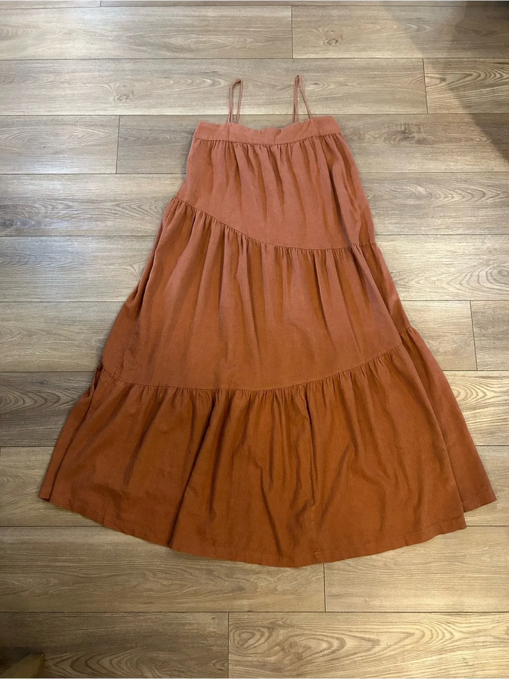 Abercrombie Linen Blend Tiered Maxi Dress Rust Brown Boho Size S